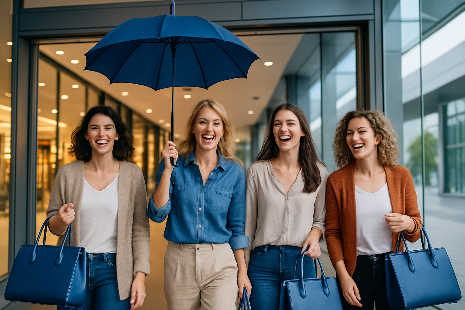 few white ladies happily carrying blue handbags and a blue umbrella and walking from inside a mall to outside 